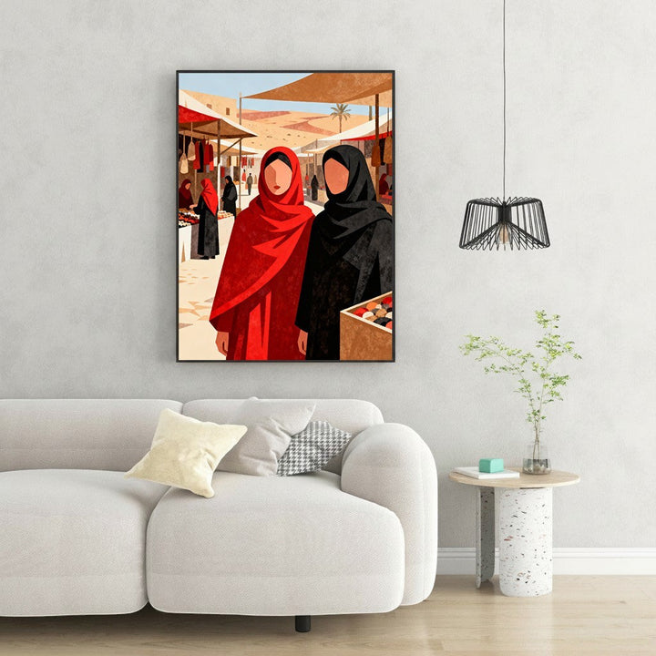 Wadi Home Market Day With Two Women print featuring women in red and black hijabs in a minimalist flat design style.
