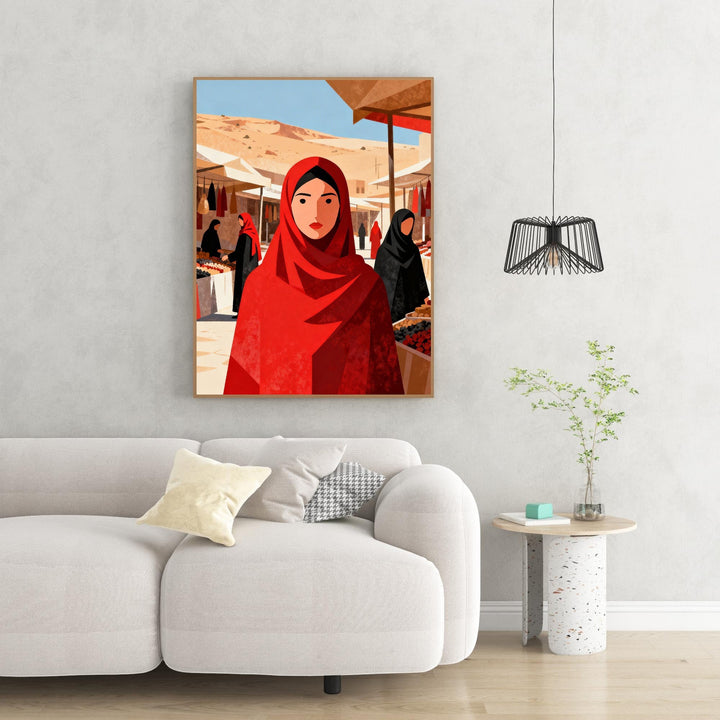 Wadi Home digital art of a woman in a red hijab at a bustling market scene. Minimalist style, rich colors.