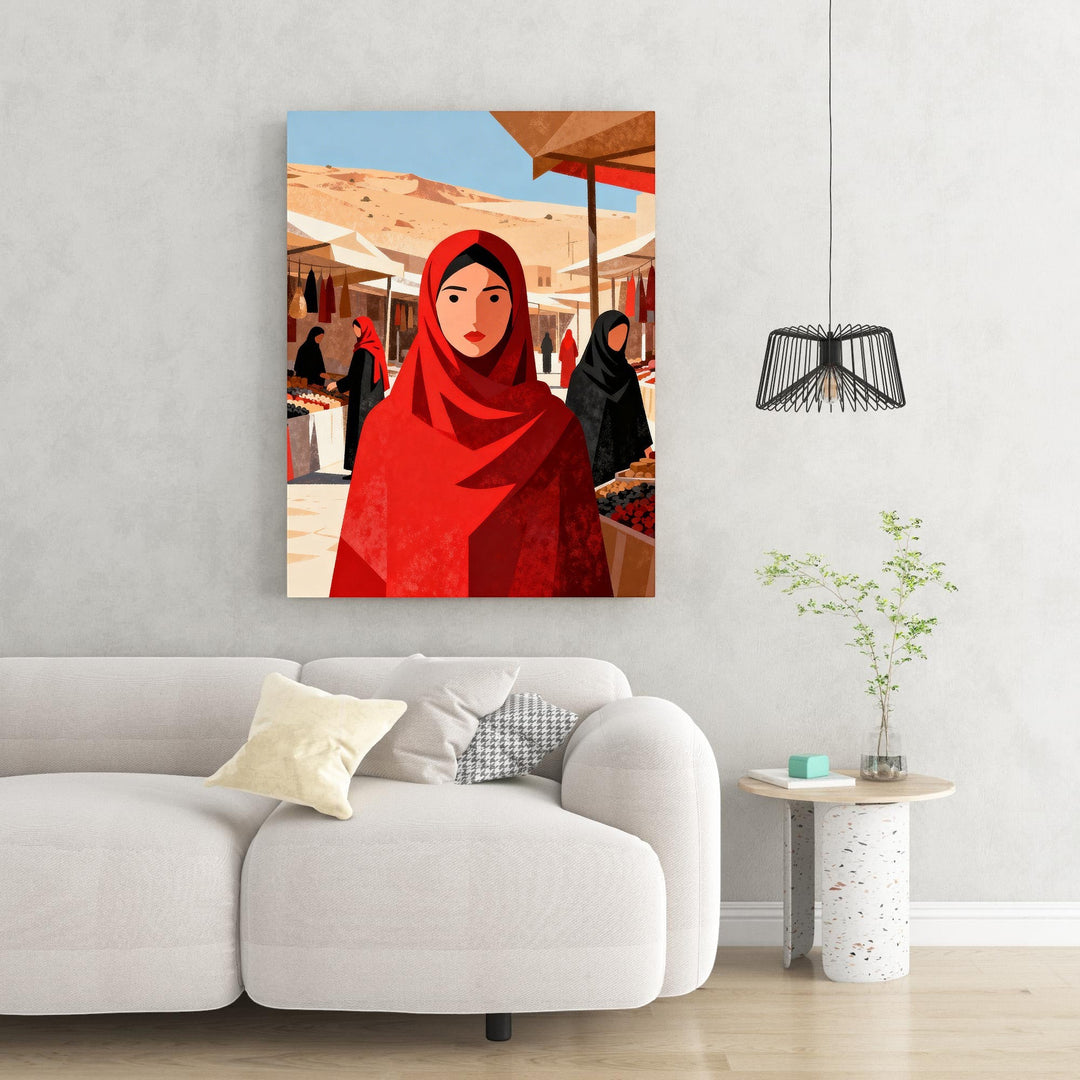 Wadi Home digital art print of a woman in a red hijab at a bustling market scene. Minimalist style with rich colors.