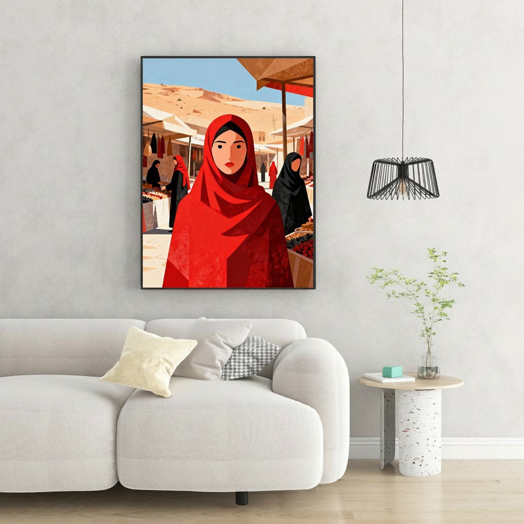 Wadi Home digital art print of a woman in a red hijab at a bustling market. Minimalist style, vibrant colors.