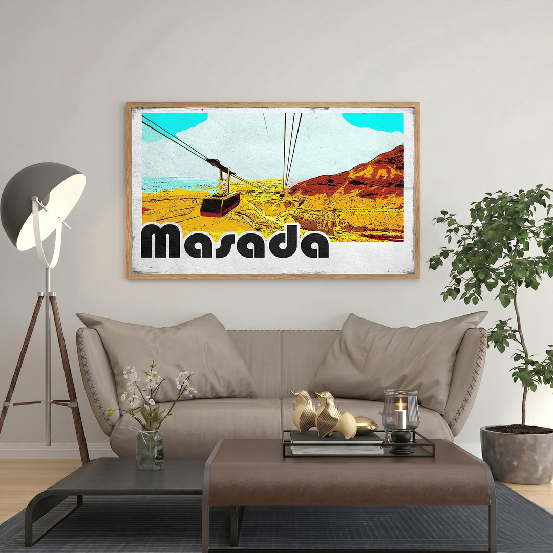 Wadi Home Masada cable car art with vintage design, featuring a red cable car ascending a desert mountain under a bright blue sky.