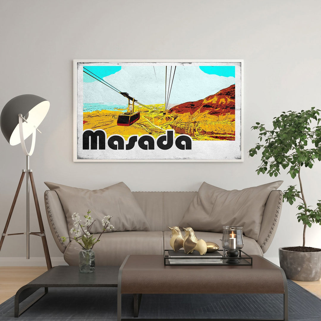 Wadi Home Masada cable car landscape art with vintage design, vibrant colors, and iconic mountain ascent.