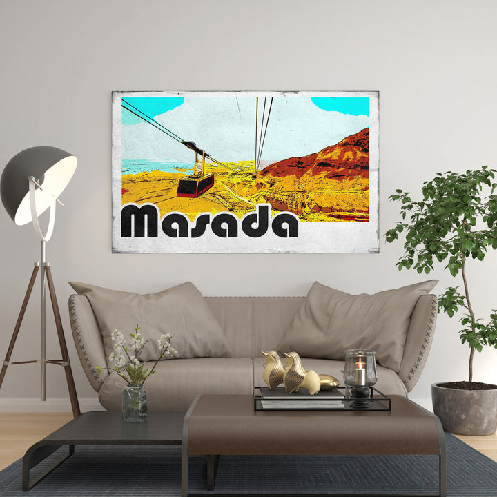 Wadi Home Masada cable car landscape art with vintage design, featuring yellow, orange, and blue colors.