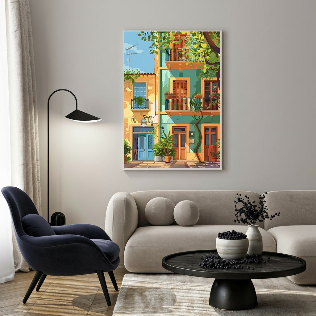 Wadi Home Mediterranean building facade art print with colorful balconies, greenery, and blue doors.