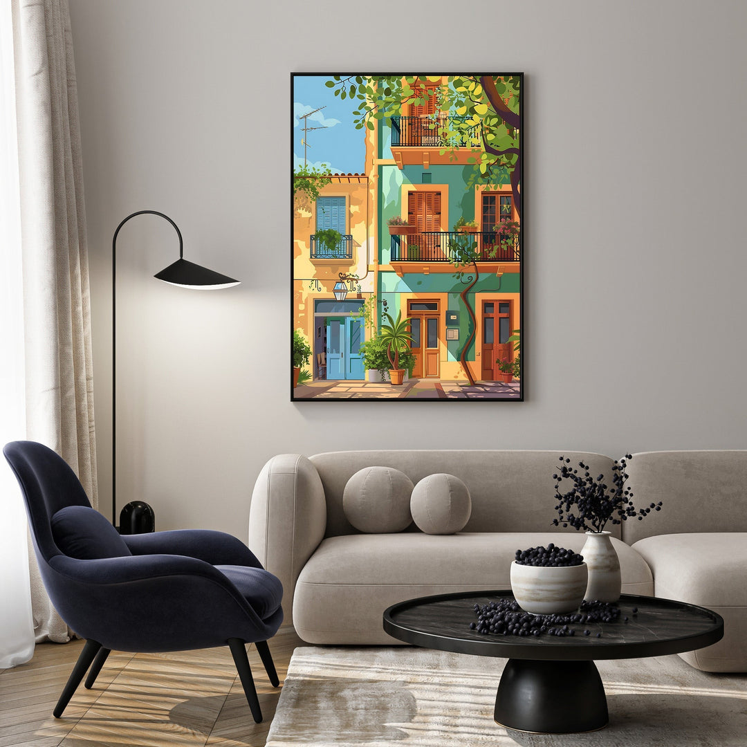 Wadi Home Mediterranean building facade art print with colorful balconies, greenery, and blue and orange doors.