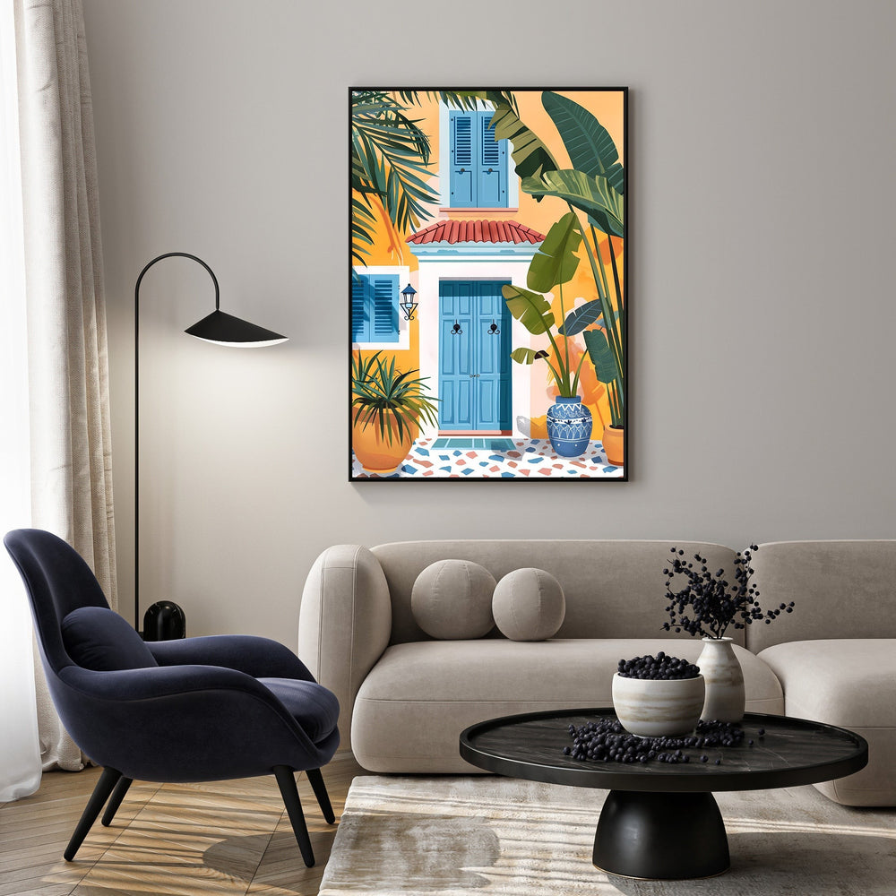 Wadi Home Mediterranean Courtyard canvas art with blue door, shutters, plants, and terrazzo floor. Yellow and blue hues.