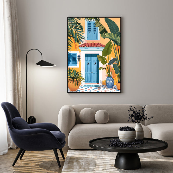 Wadi Home Mediterranean Courtyard canvas art with blue door, shutters, plants, and terrazzo floor. Yellow and blue hues.