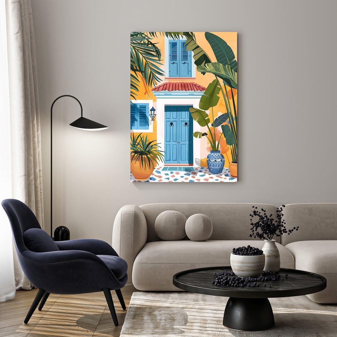 Wadi Home Mediterranean courtyard canvas art with blue door, plants, and terrazzo floor. Yellow and blue hues.