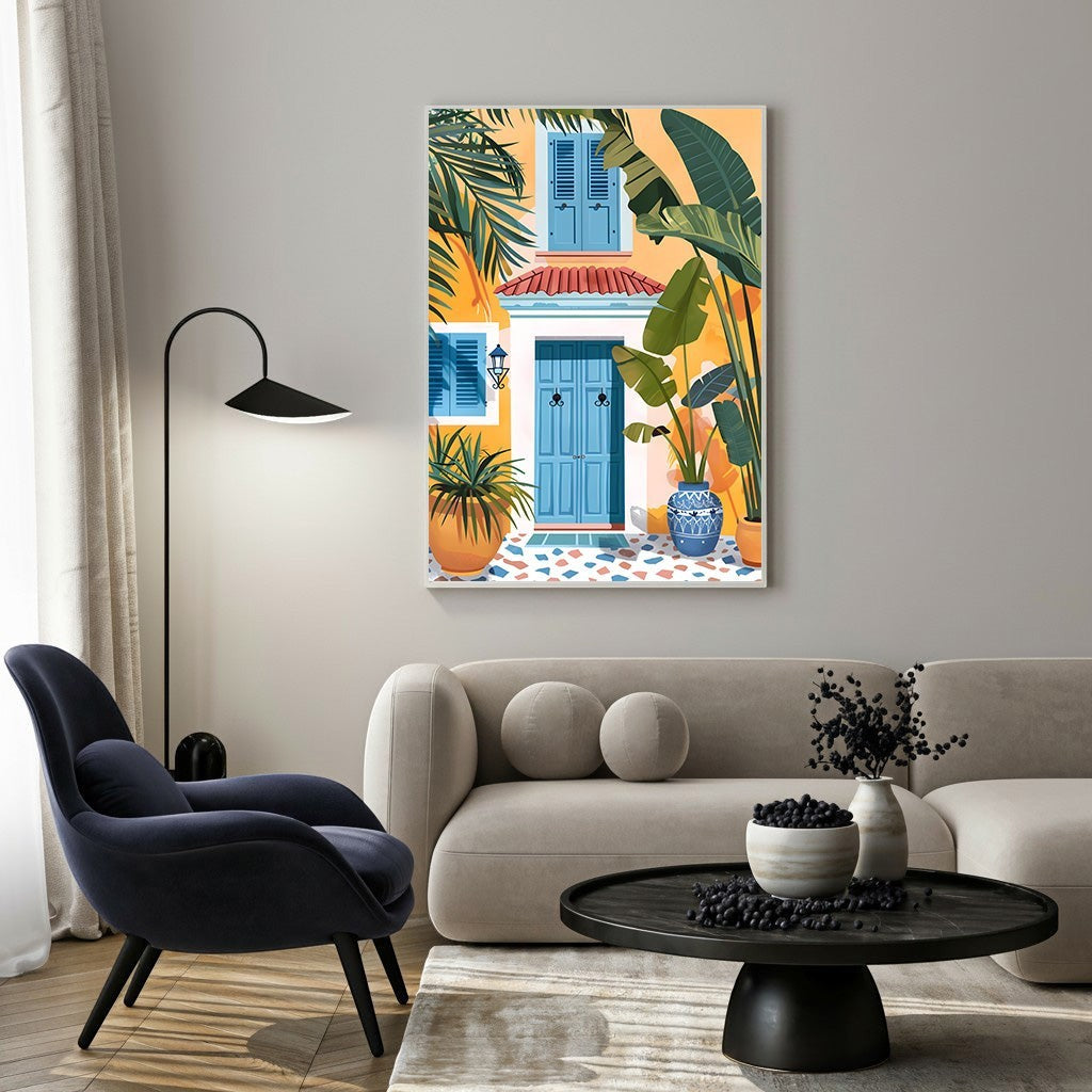 Wadi Home Mediterranean Courtyard canvas art with blue door, yellow walls, lush plants, and terrazzo floor.