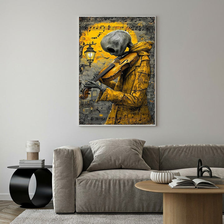 Wadi Home Melancholy Musician wall art: skeletal figure in yellow coat plays violin under streetlamp, with musical notes and bats.