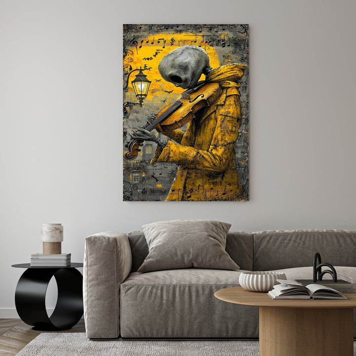 Wadi Home Melancholy Musician wall art: skeletal figure in yellow coat plays violin under streetlamp, musical notes background.