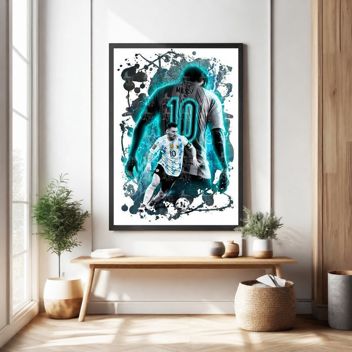 Wadi Home Messi soccer player art print, dynamic blue and black graphic style, framed.