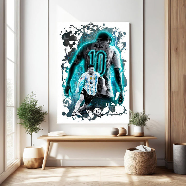 Wadi Home Messi soccer player art print, dynamic blue and black graphic style, player in action with ball.