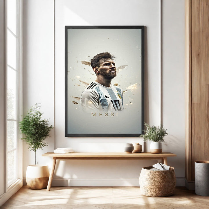 Wadi Home framed wall art featuring a portrait of Lionel Messi in his Argentina jersey with abstract golden shards.