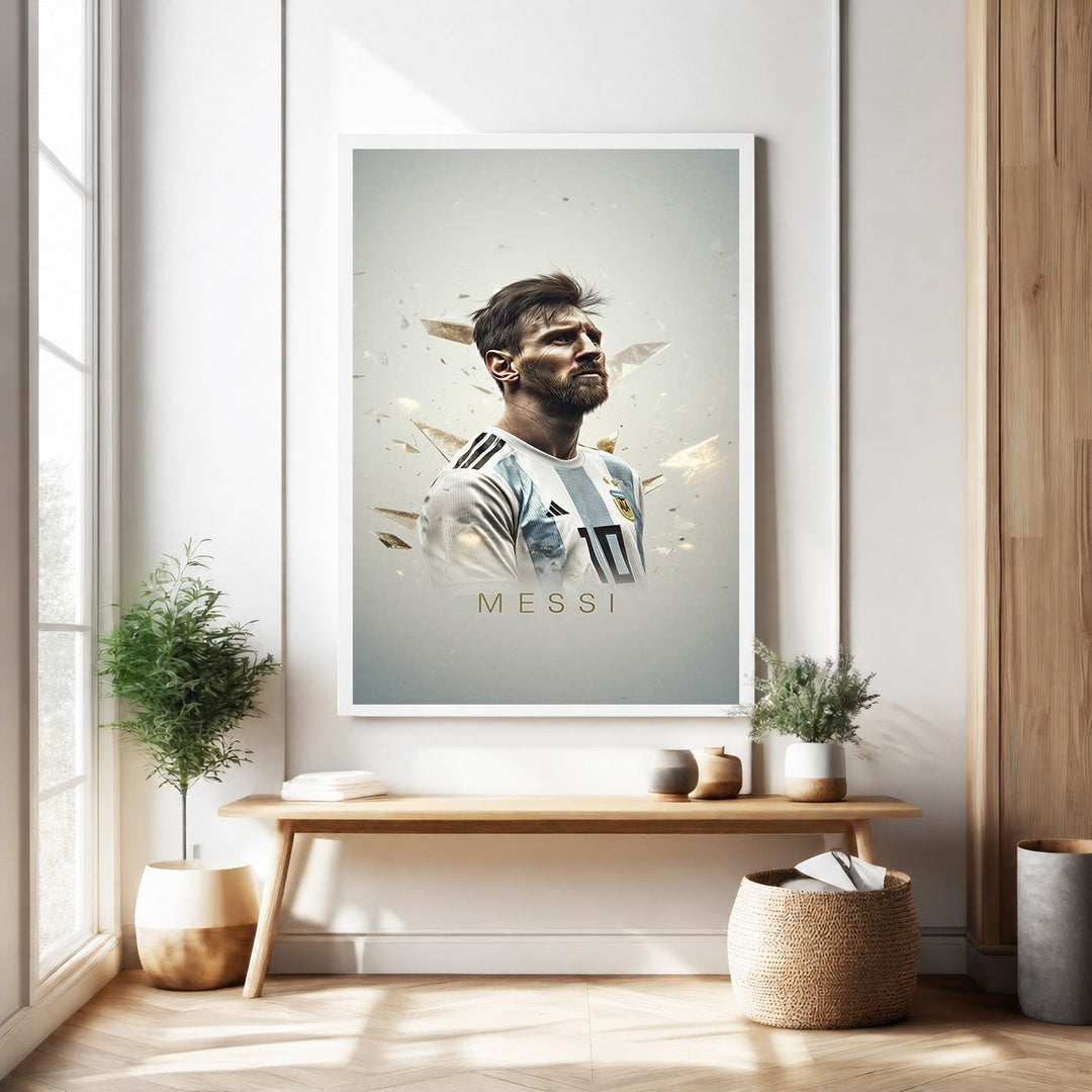 Wadi Home framed wall art featuring Lionel Messi in his Argentina jersey, with abstract golden shards exploding around him.