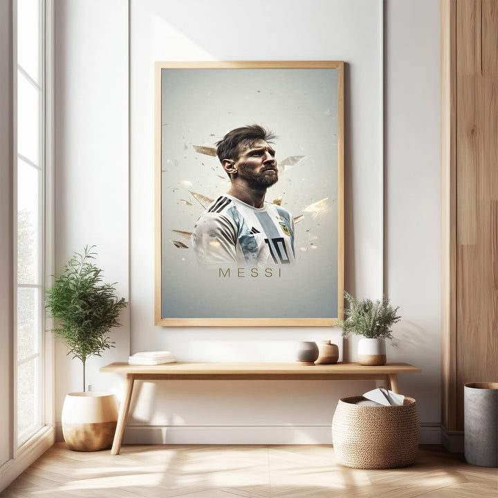 Wadi Home framed wall art featuring a portrait of soccer star Lionel Messi in his Argentina jersey.