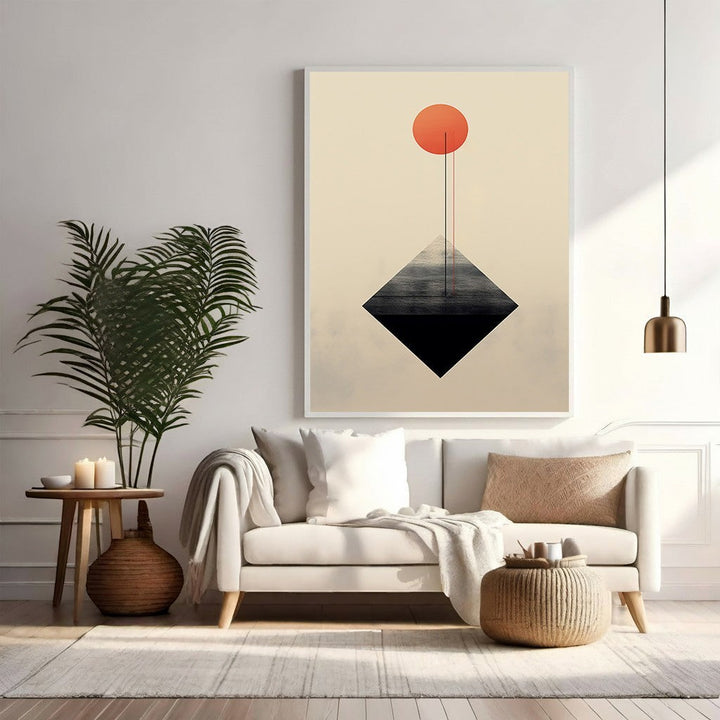 Wadi Home minimalist abstract wall art with black diamond and red sun on cream background.
