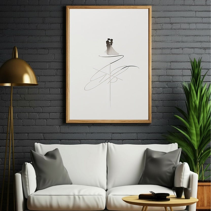 Wadi Home minimalist couple embrace art print, delicate line drawing in grayscale tones, modern abstract linework, framed art for home decor.