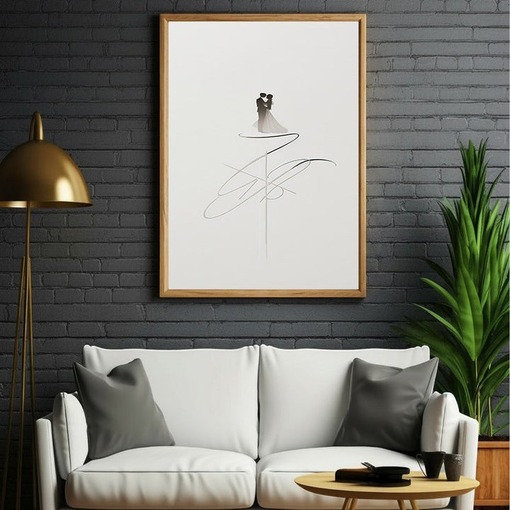 Wadi Home minimalist couple embrace art print, delicate line drawing in grayscale tones, modern abstract linework, framed art for home decor.