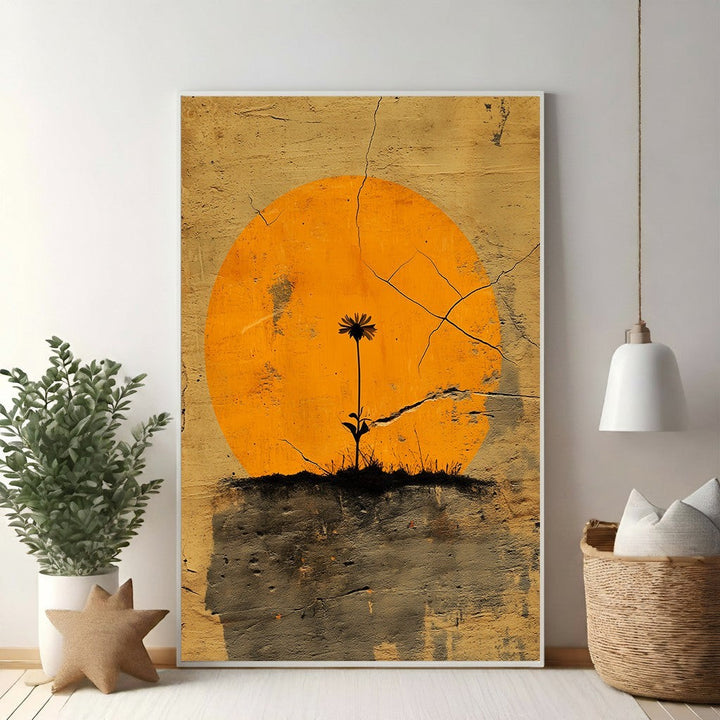 Wadi Home minimalist wall art: single black flower silhouette against textured orange sun, earthy distressed background.