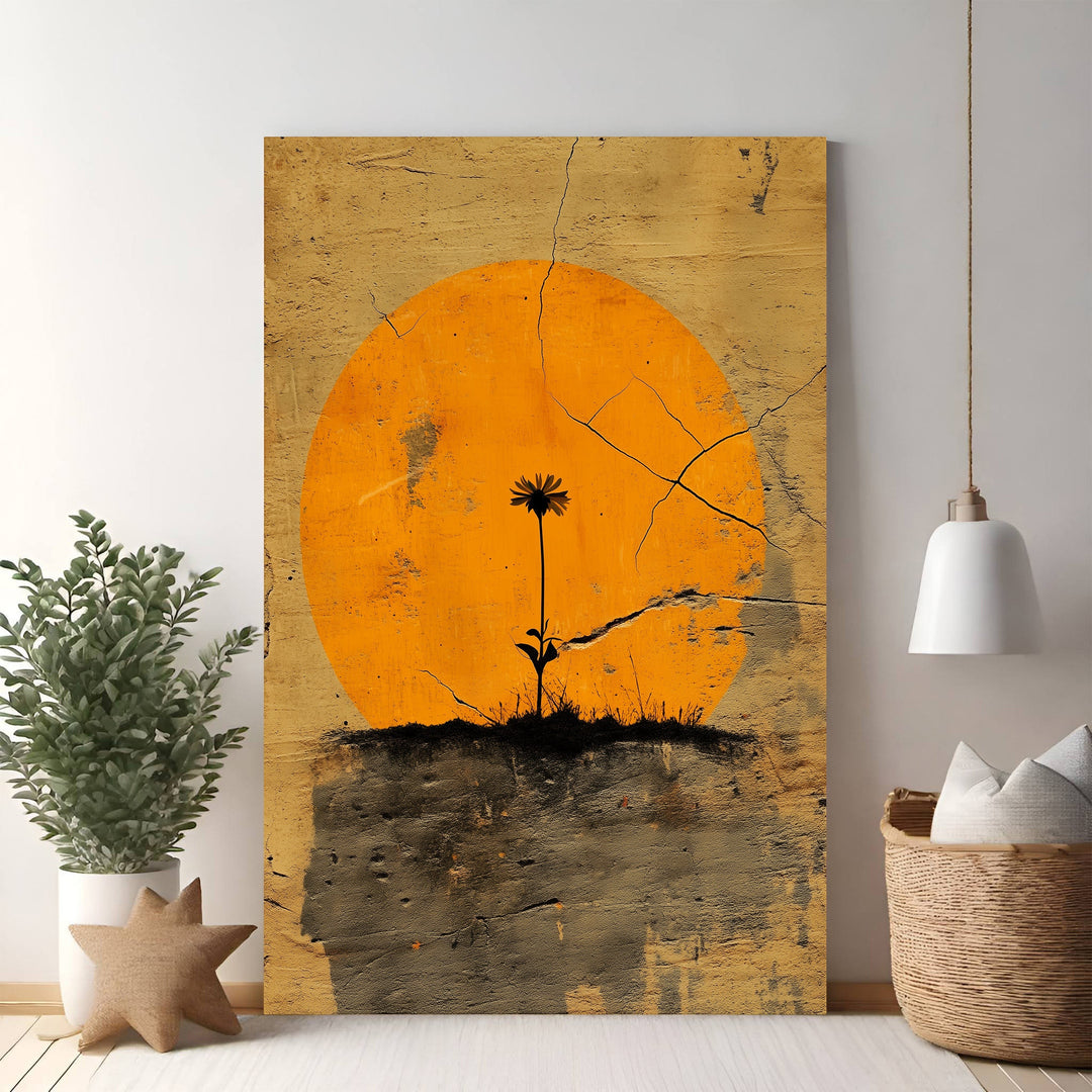 Wadi Home minimalist wall art: single black flower silhouette against textured orange sun, distressed earthy background.