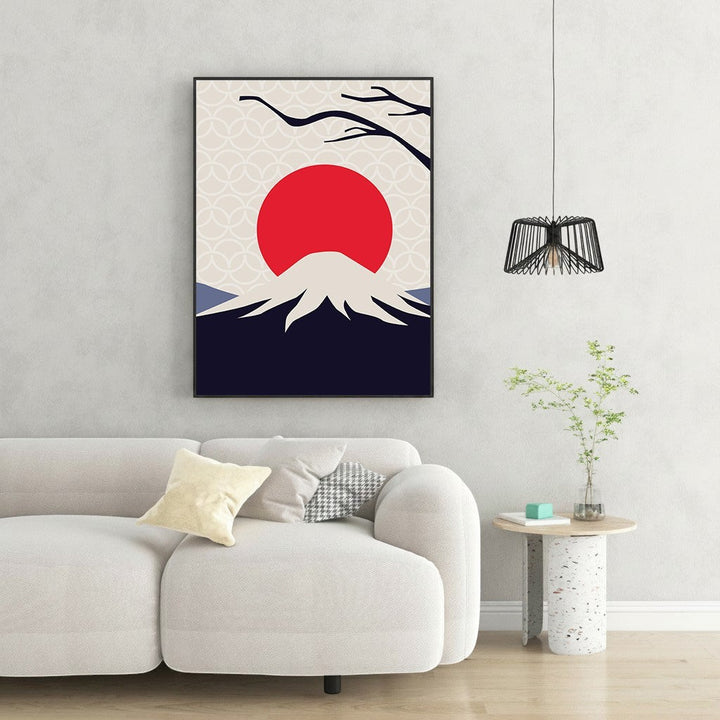 Wadi Home minimalist mountain landscape art with red sun and snow-capped peak.