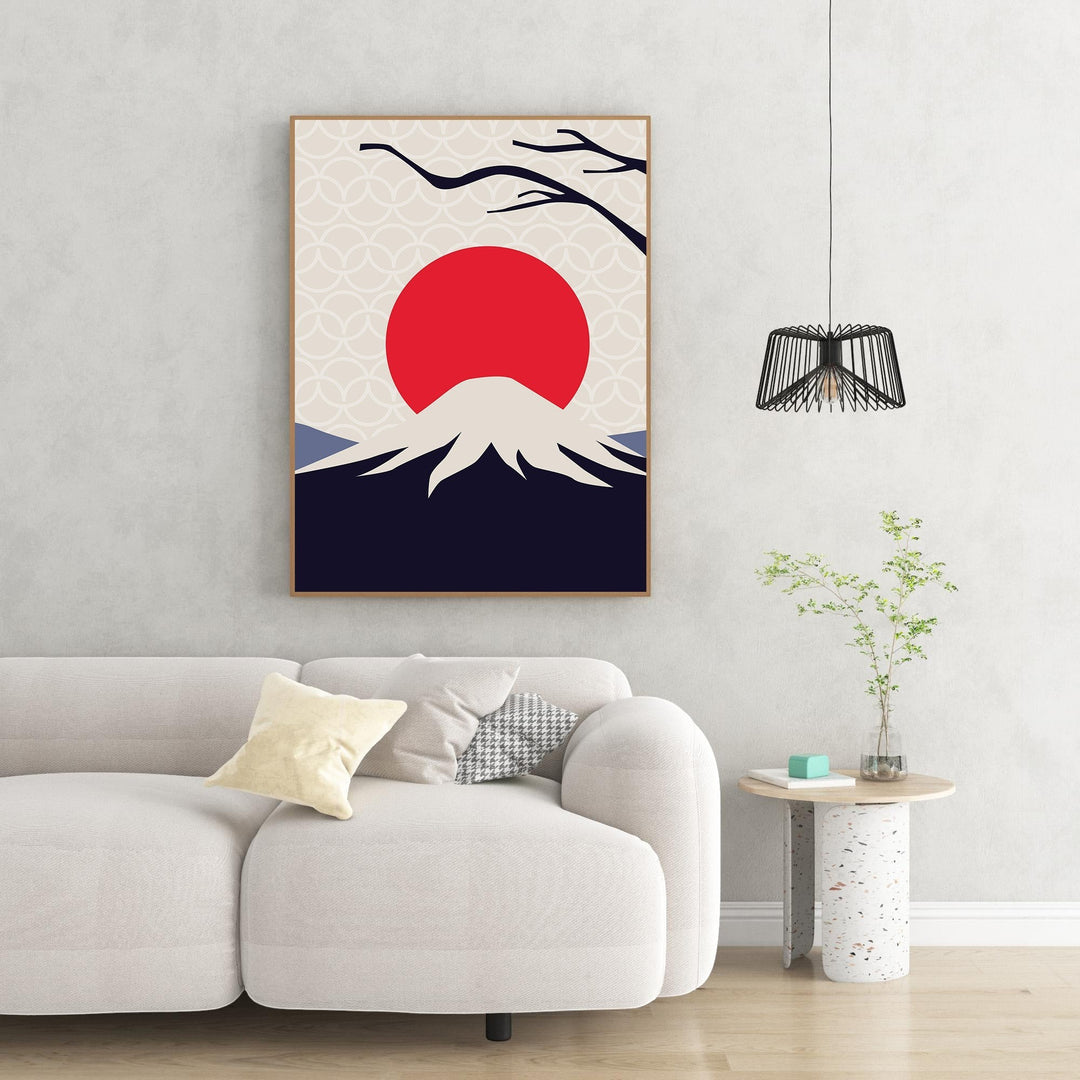 Wadi Home minimalist mountain landscape art with red sun and snow-capped peak. Modern wall decor.