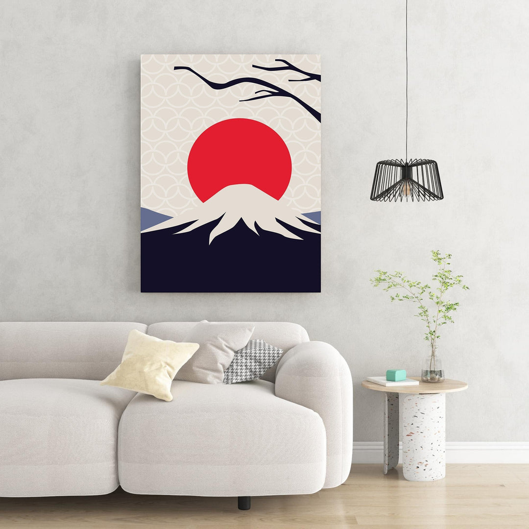Wadi Home minimalist mountain landscape wall art with red sun and snow-capped peak.