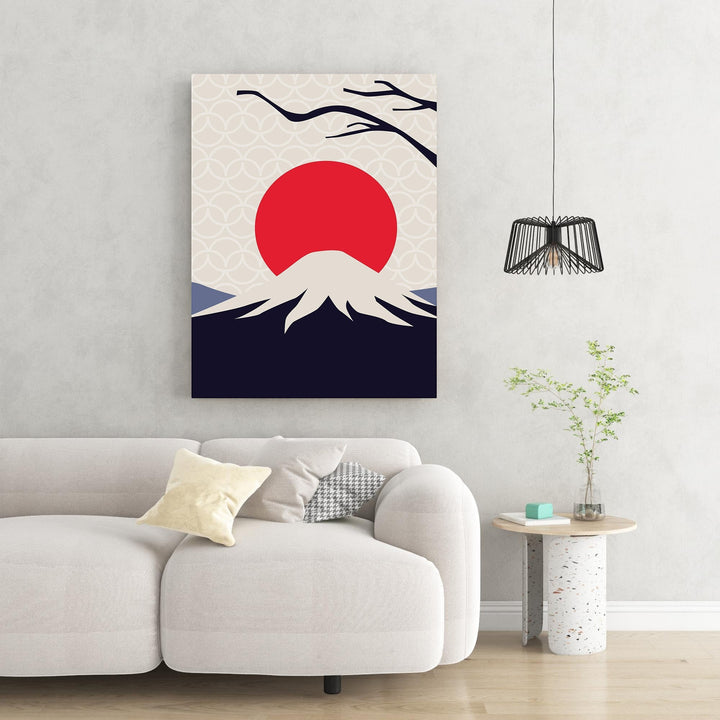 Wadi Home minimalist mountain landscape wall art with red sun and snow-capped peak.