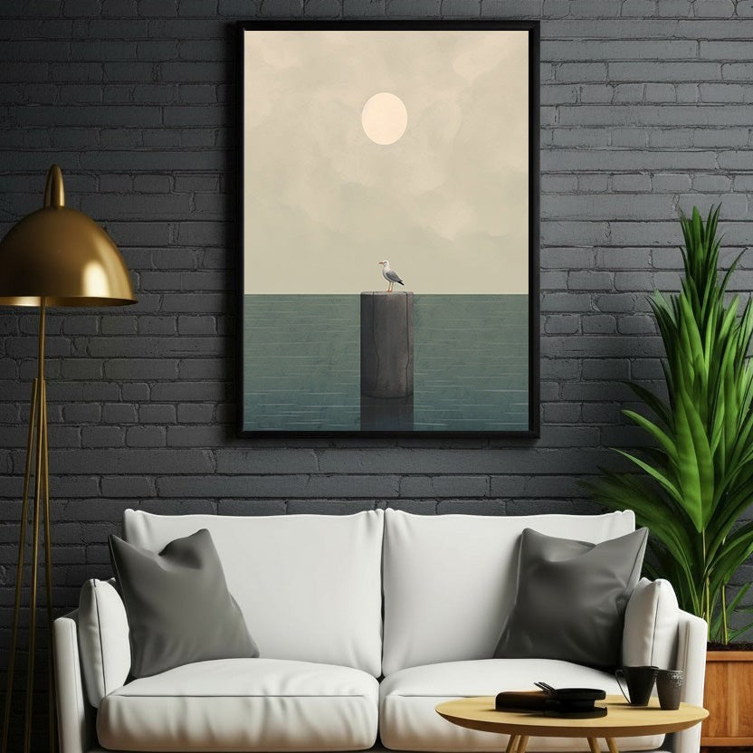 Wadi Home minimalist artwork of a seagull on a post against a hazy sun and calm water. Coastal wall art.