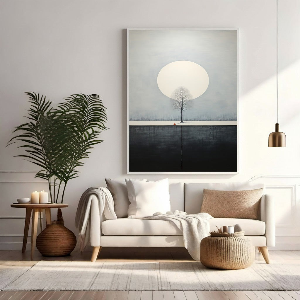 Wadi Home minimalist tree and moon wall art, serene landscape with bare tree under full moon, neutral tones.