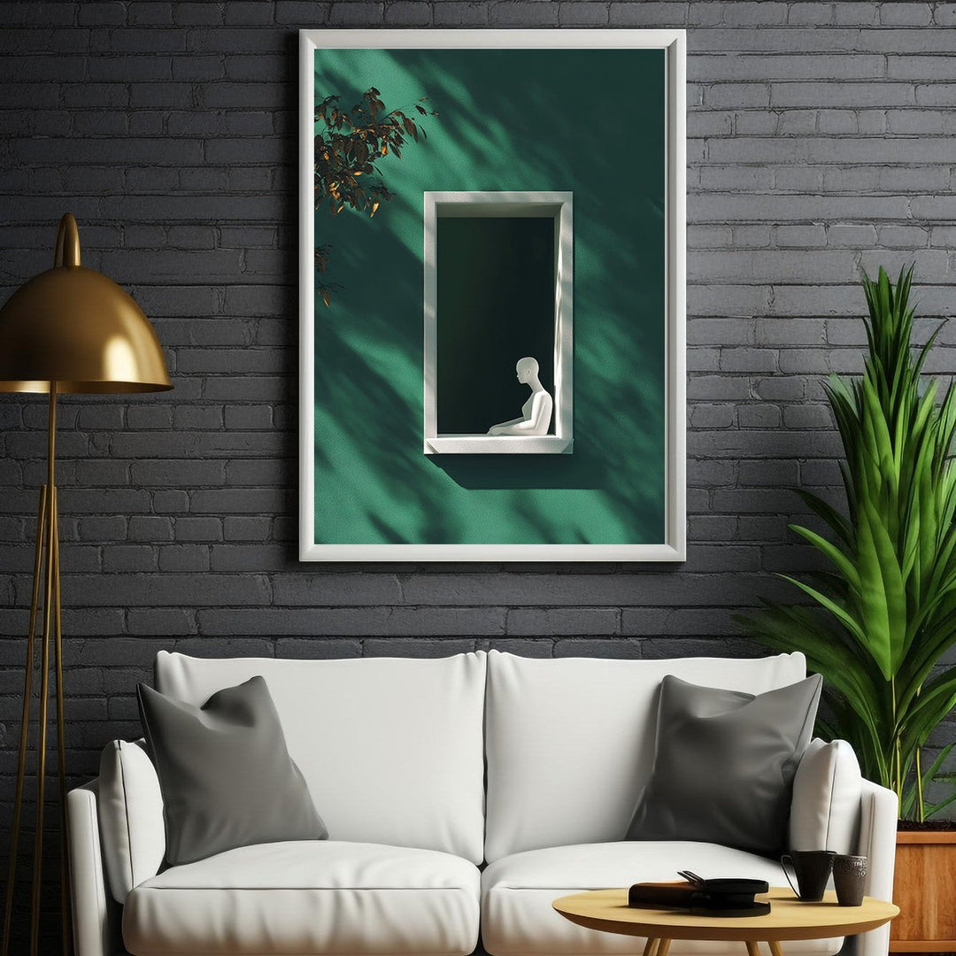 Wadi Home minimalist wall art: white figure in window on deep green background with dramatic shadows.