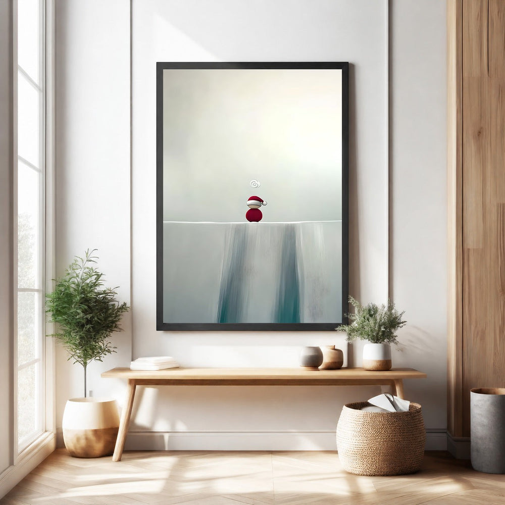 Wadi Home minimalist winter wall art with a red-hatted figure on a white ledge and blue abstract waterfall.