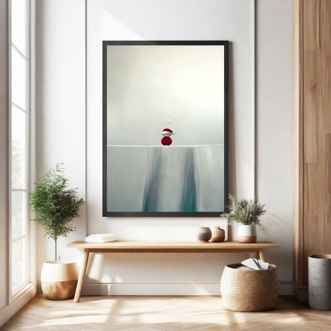 Wadi Home minimalist winter wall art with a red-hatted figure on a white ledge and blue abstract waterfall.