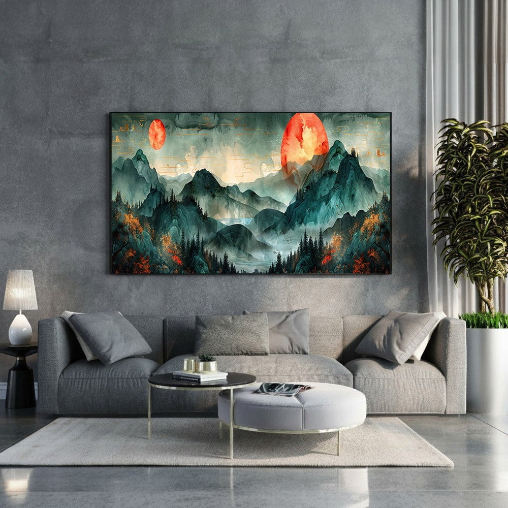 Wadi Home Misty Mountain Landscape artwork with two suns, emerald peaks, mist, orange and green hues on canvas.
