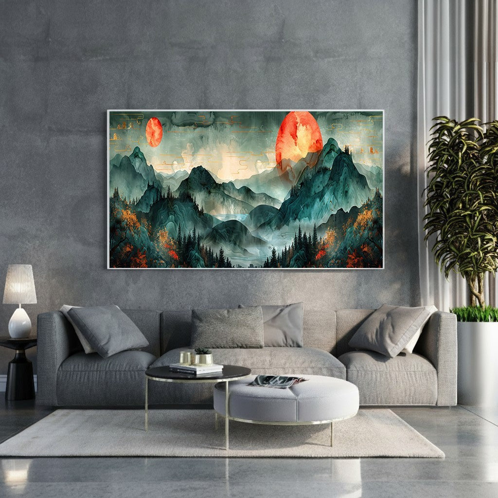 Wadi Home misty mountain landscape artwork with two vibrant suns, emerald peaks, and forest green hues.