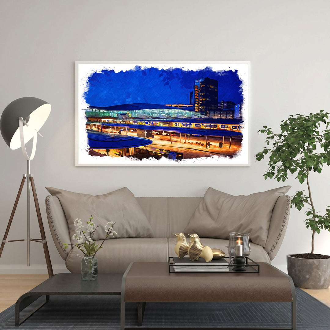 Wadi Home Modern Cityscape At Night Wall Art, vibrant blues and warm yellows, urban scene with glowing lights and architectural silhouettes.