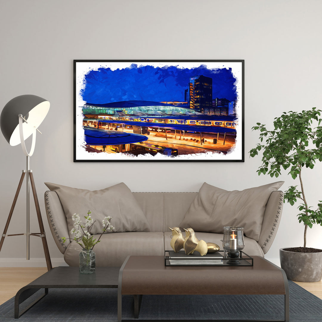 Wadi Home Modern Cityscape At Night Wall Art, vibrant blues and warm yellows, urban scene with glowing lights and architectural silhouettes.