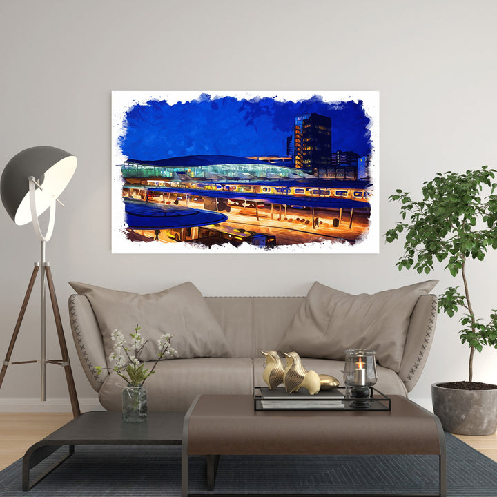 Wadi Home Modern Cityscape At Night Wall Art, vibrant blues and warm yellows, urban scene with glowing lights and architectural silhouettes.