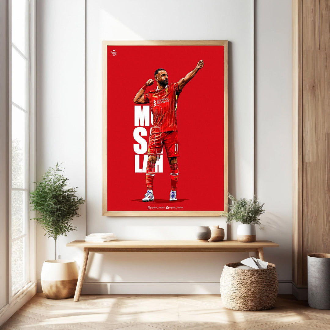 Wadi Home art print of Mohamed Salah in his red Liverpool kit, celebrating on a bold red background. Football player art.