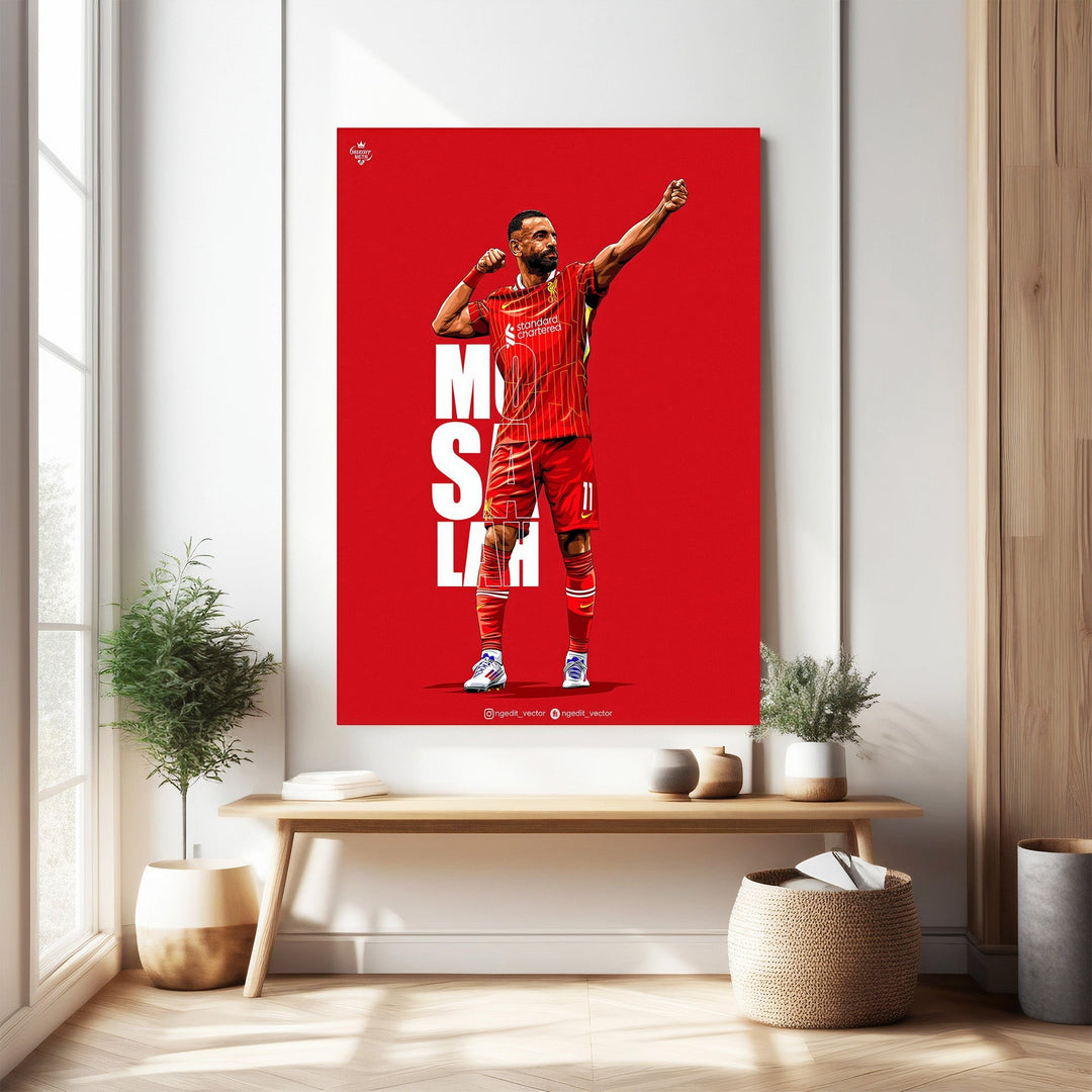 Wadi Home art print of Mohamed Salah in his red Liverpool kit, striking a pose against a bold red background. Features his name in large white lettering.