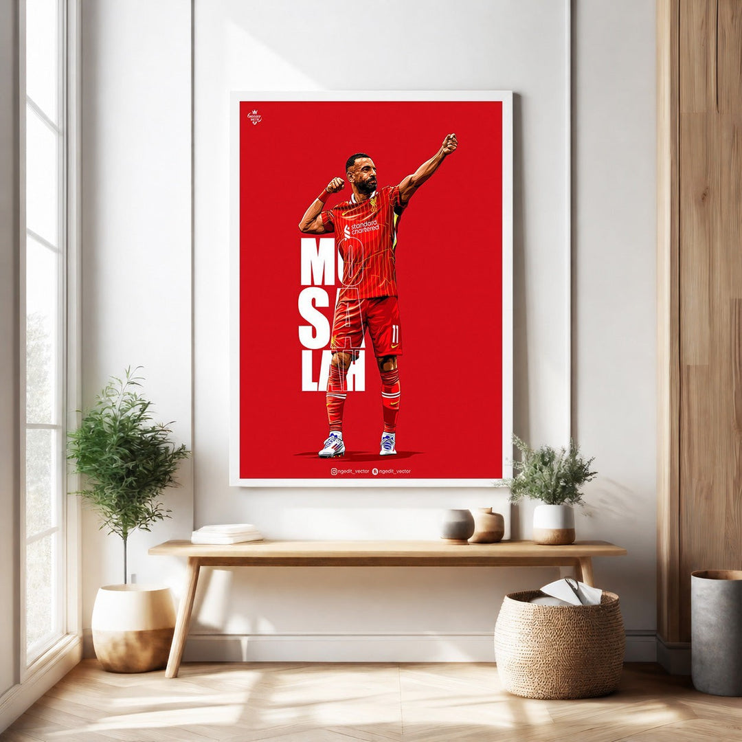 Wadi Home Mohamed Salah football player art print in red kit on red background. Dynamic illustration of the Liverpool star.