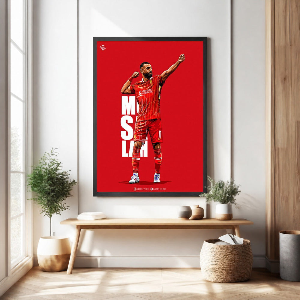 Wadi Home Mohamed Salah football player art print in red kit on red background. Stylized illustration.