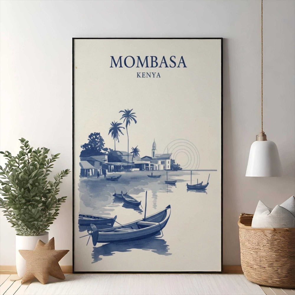 Wadi Home Mombasa Kenya coastal village art print with dhow boats and palm trees in blue and white.
