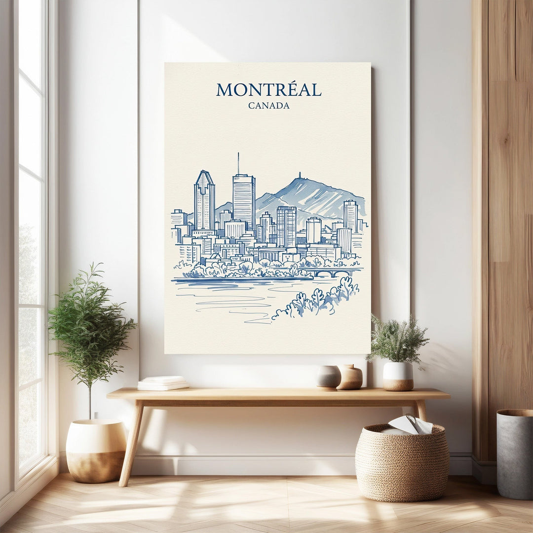 Wadi Home Montreal Canada skyline sketch art print with blue line drawing of city and Mount Royal.