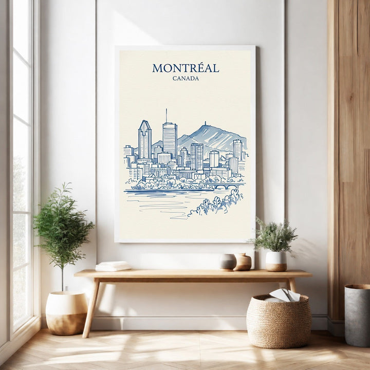Wadi Home Montreal Canada skyline sketch art print, minimalist blue-line drawing on cream paper with Mount Royal in background.
