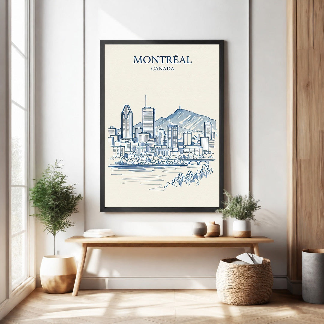 Wadi Home Montreal Canada skyline sketch art print, minimalist blue line drawing on cream paper with Mount Royal in background.