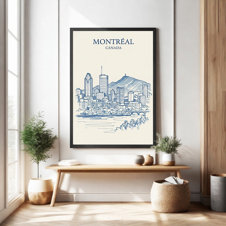 Wadi Home Montreal Canada skyline sketch art print, minimalist blue line drawing on cream paper with Mount Royal in background.