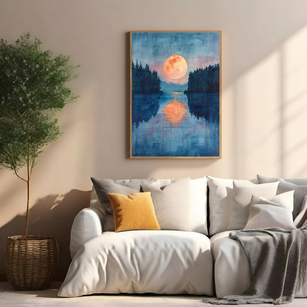 Wadi Home Enchanted Moonlit Lake wall art featuring a large orange moon over a blue lake with pine trees.