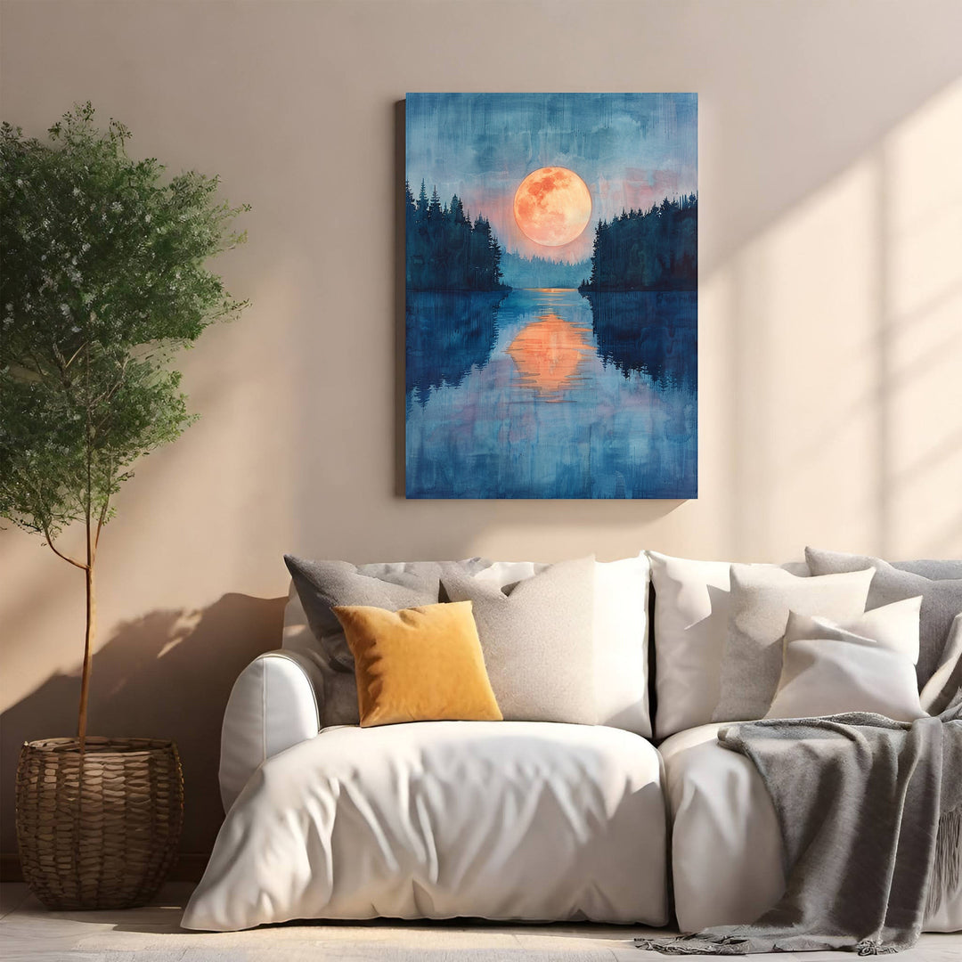 Wadi Home Enchanted Moonlit Lake wall art featuring a vibrant orange moon over a reflective blue lake and pine trees.